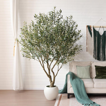 Olive Trees Artificial Indoor, 8FT Tall Faux Olive Tree with Round White Planter, UV Resistant Outdoor Large Fake