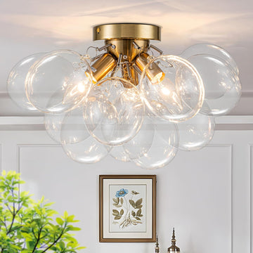 Semi Flush Mount Chandelier Gold Close to Ceiling Light Fixtures Modern Bubble Ball Glass Chandelier Mid Century