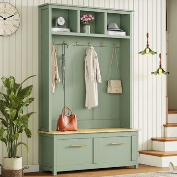 Versatile 4-in-1 Hall Tree with 6 Golden Hooks, Wood Grain Bench with Multiple Storage Space, Entryway Coat Rack with