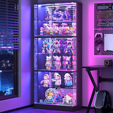 71'' Tall Display Cabinet with Glass Doors and RGB Lights, Black