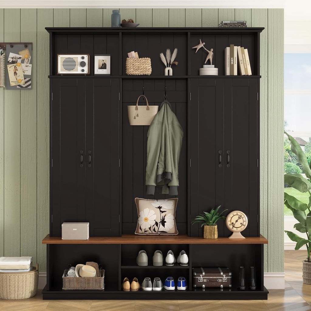 62.2''W Entryway Hall Tree with Bench, 3 Top Cubbies & Bottom Storage Space, Farmhouse Coat Rack with Hooks &