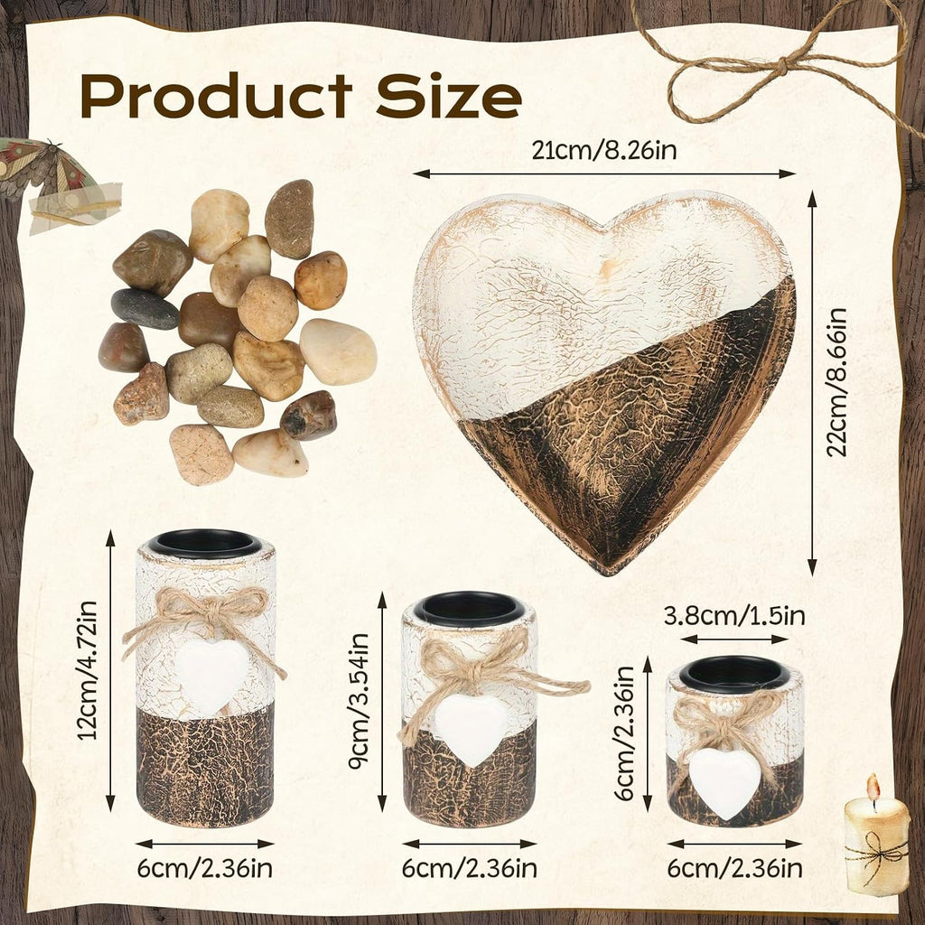 Farmhouse Candle Holders 3 Pack Rustic Wooden Pillar Candle Holder | Heart Tray and Stones Tealight Candles Holders