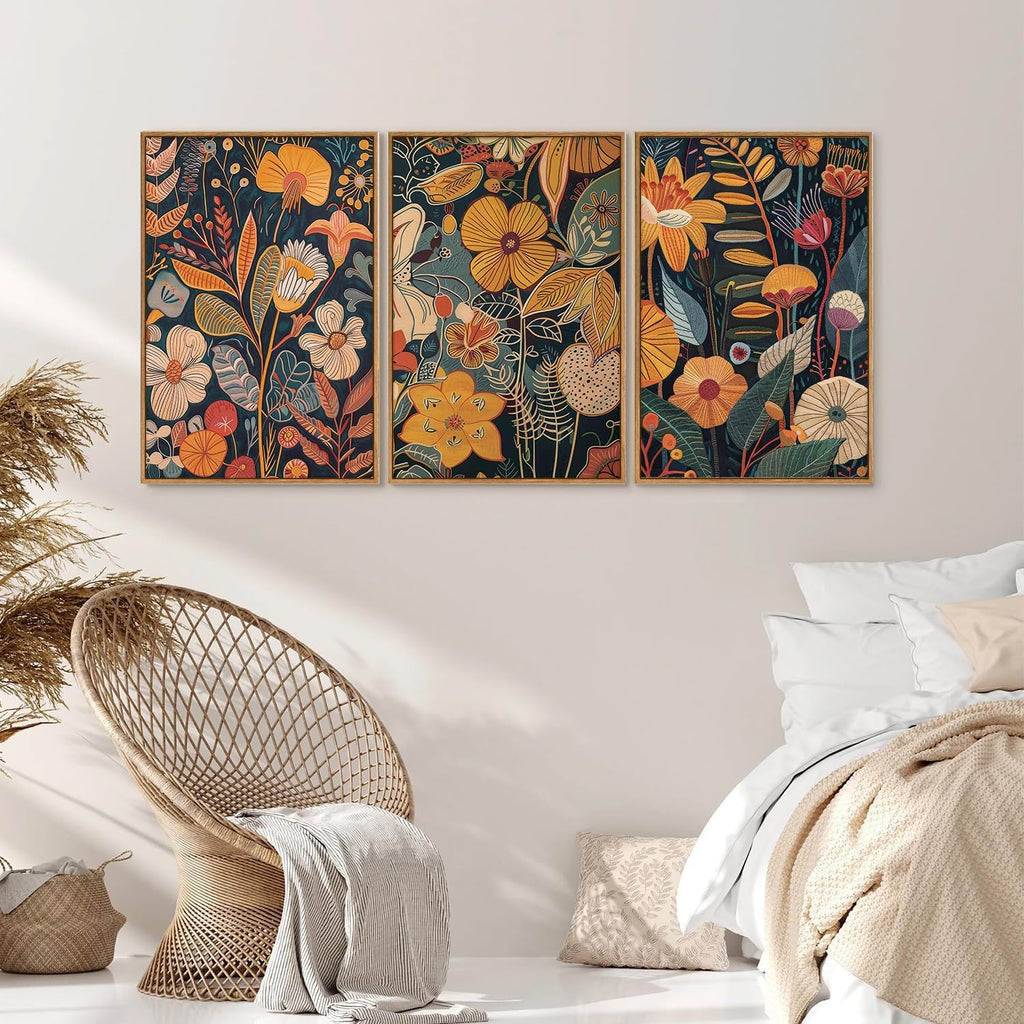Orange Floral Framed Canvas Wall Art Set of 3, Mid Century Modern Flower Wall Decor, Neutral Plant Artwork, Boho