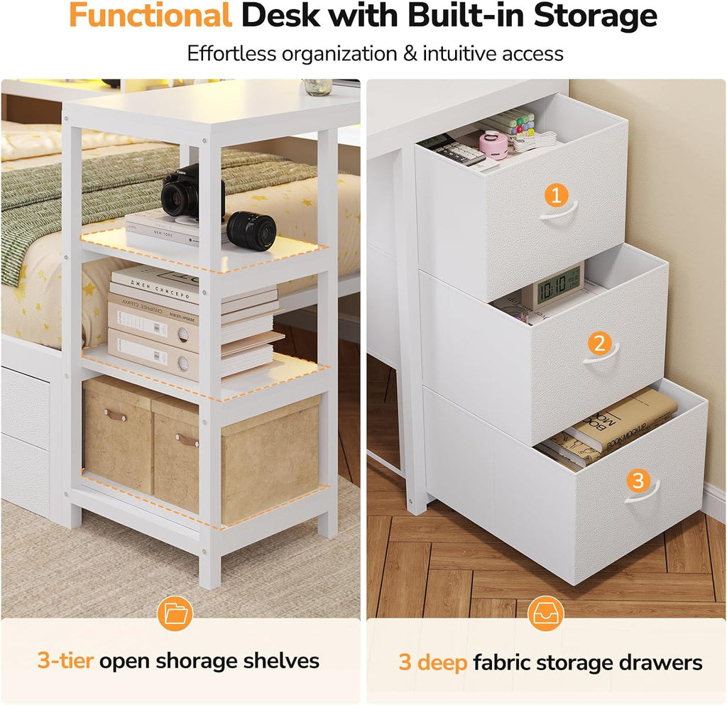 Corner Twin Bed Frame with Desk, 9 Storage Drawers and Bookcase, Twin Size Platform Bed Frame with Charging Station