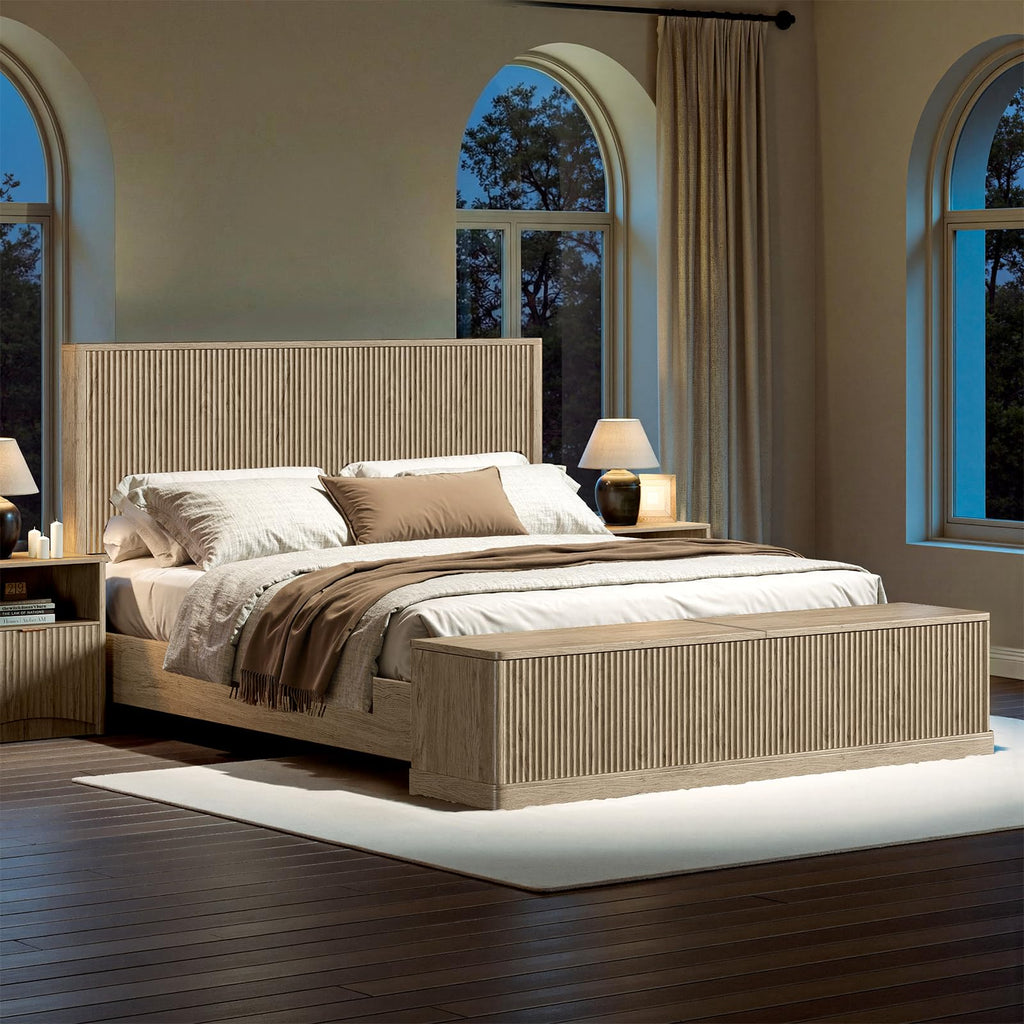 Fluted Oak King Bed Frame with 51'' Headboard & Storage Bench