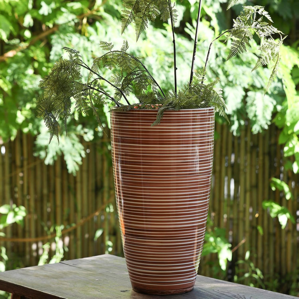 Tall Planters for Outdoor Plants 2Pack, 21-Inch Large Striped Planter with Removable Insert Shelf,Ribbed Coffee&Milk