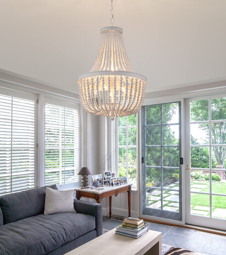 Beaded Chandelier Farmhouse White Wood Beaded Boho Light Fixture Vintage Antique 8 Lights Nursery Kitchen Foyer
