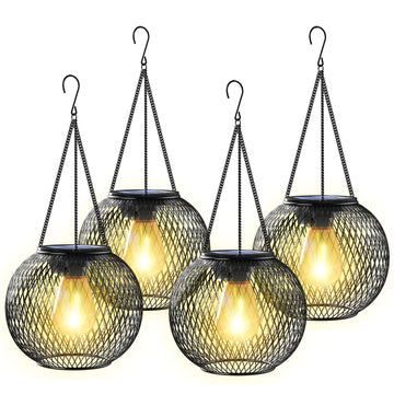 Solar Lantern Outdoor Waterproof, Hanging Solar Lights, 4 Pack, Black