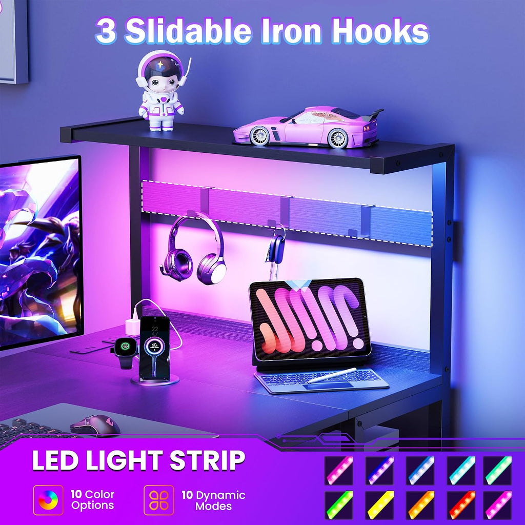 55in Gaming Computer Desk with Drawers & Storage Shelf & Iron Hook, Black