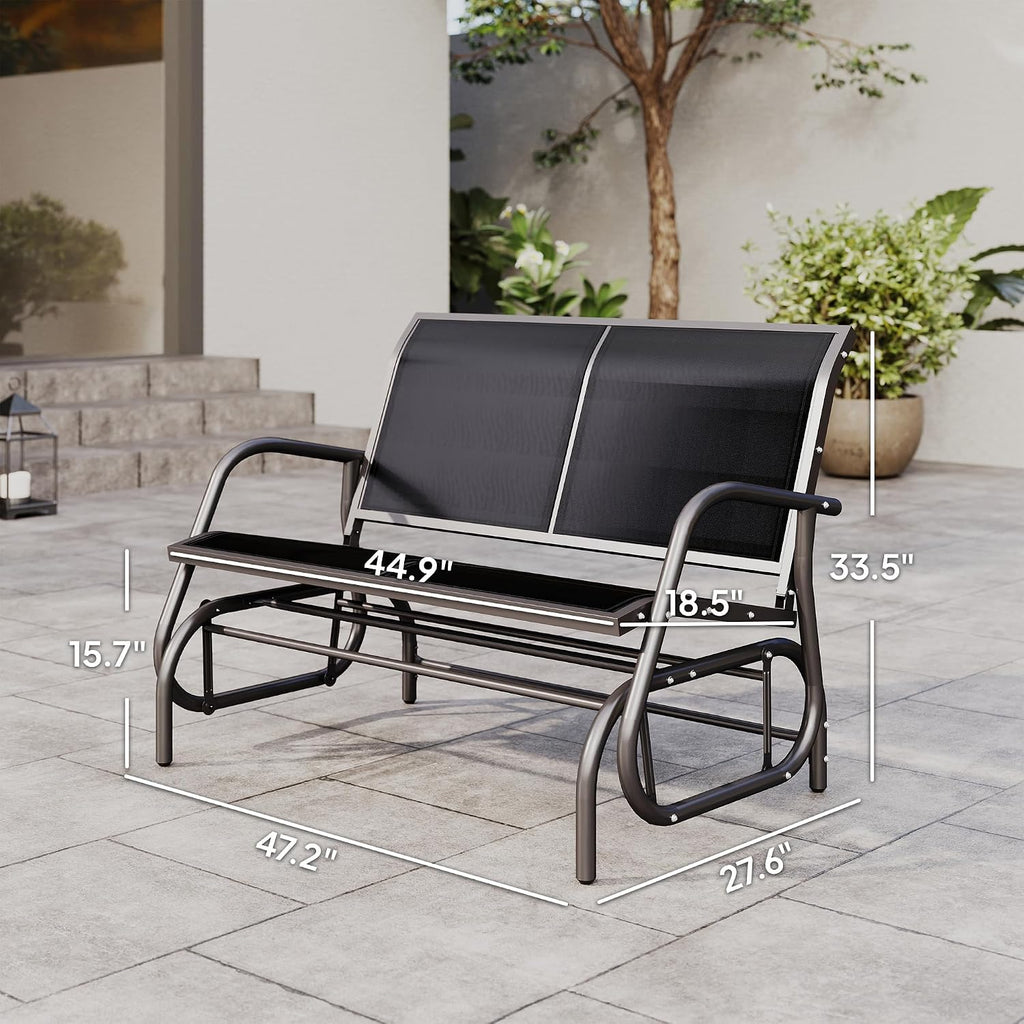 2-Person Outdoor Glider Bench with Steel Frame, Black | Double Swing Rocking Chair, Loveseat, for Outside Patio