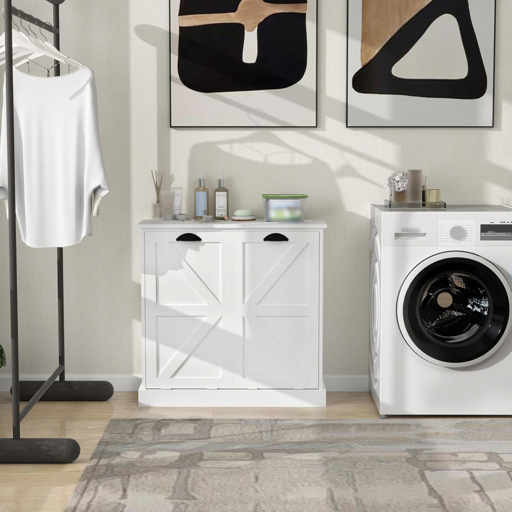 Laundry Hamper Cabinet with Removable Basket, Double Tilt Out Laundry Hamper, Wood Bathroom Storage, Free Standing