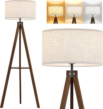 Tripod Floor Lamp with Table, Mid Century Wood Shelf Standing Light Modern Tall Floor Lamp with Line