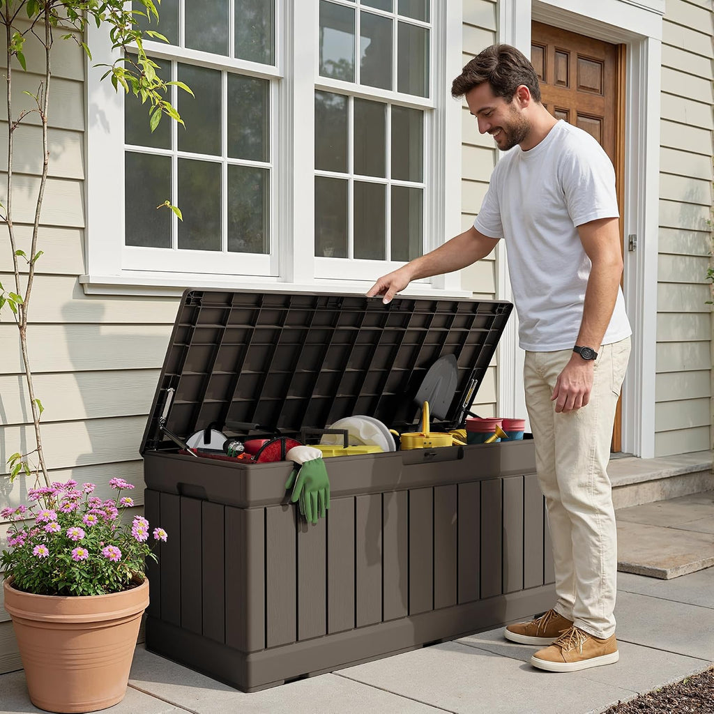 78 Gallon Deck Box, Waterproof Resin Outdoor Storage Box | Outdoor Storage Bench Lockable for Outside and Patio