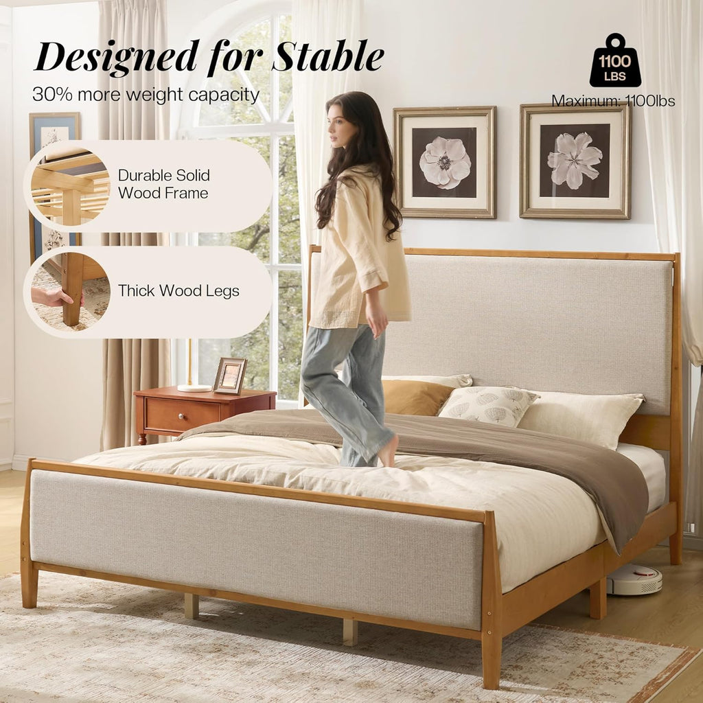 58" Tall Solid Wood King Bed Frame with Upholstered Headboard & Footboard, Wooden Platform Bedframe, No Box Spring