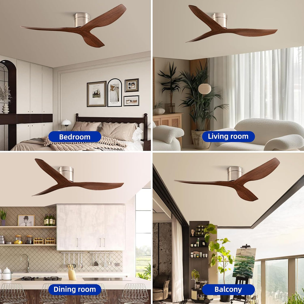 52" Low-Profile Modern Ceiling Fan with Remote – Brown & Brushed Nickel, 3-Blade, DC Motor, No Light