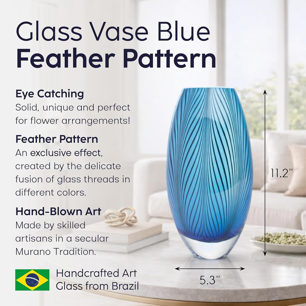 Murano Style Glass Vase Hand Blown Blue Feather Pattern Effect Home De