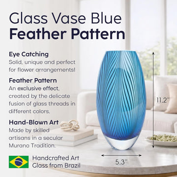Murano Style Glass Vase Hand Blown Blue Feather Pattern Effect Home De