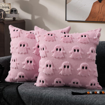 Halloween Pillow Covers 16x16 inch Set of 2 Pink Ghost Throw Pillow Cases Soft Plush Faux Fur Wool Couch Cushion Case