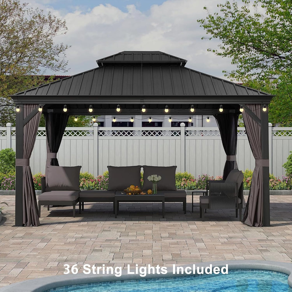 12' X 14' Patio Gazebo with Light Permanent Hardtop Gazebo with Metal Roof for Outdoor Lawn and Garden Grey
