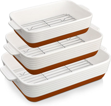 Casserole Dishes for Oven with Roasting Racks, Ceramic Dishes Set of 3, Pan Casserole Dish Set, Rectangular Lasagna