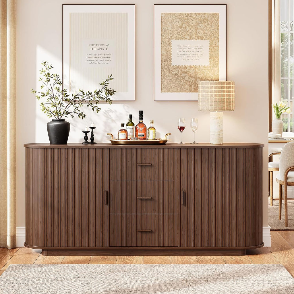 63" Fluted Sideboard Buffet Cabinet with 3 Drawers & 2 Doors, Mid-Century Modern Buffet Sideboard Cabinet with Storage