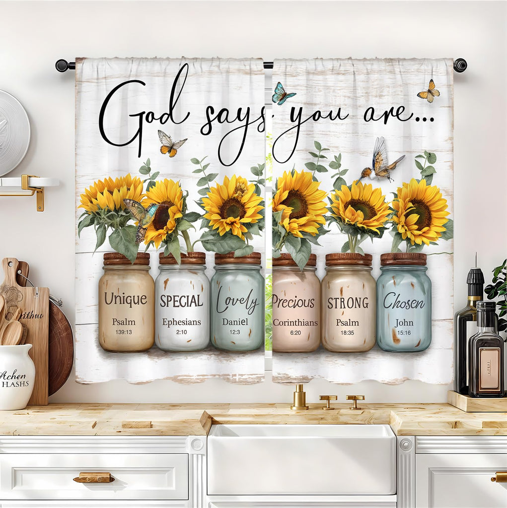 Sunflower Inspirational Kitchen Curtain 26W X 30L Inch 2 Panel Rod Pocket Yellow Floral God Says You are Quotes