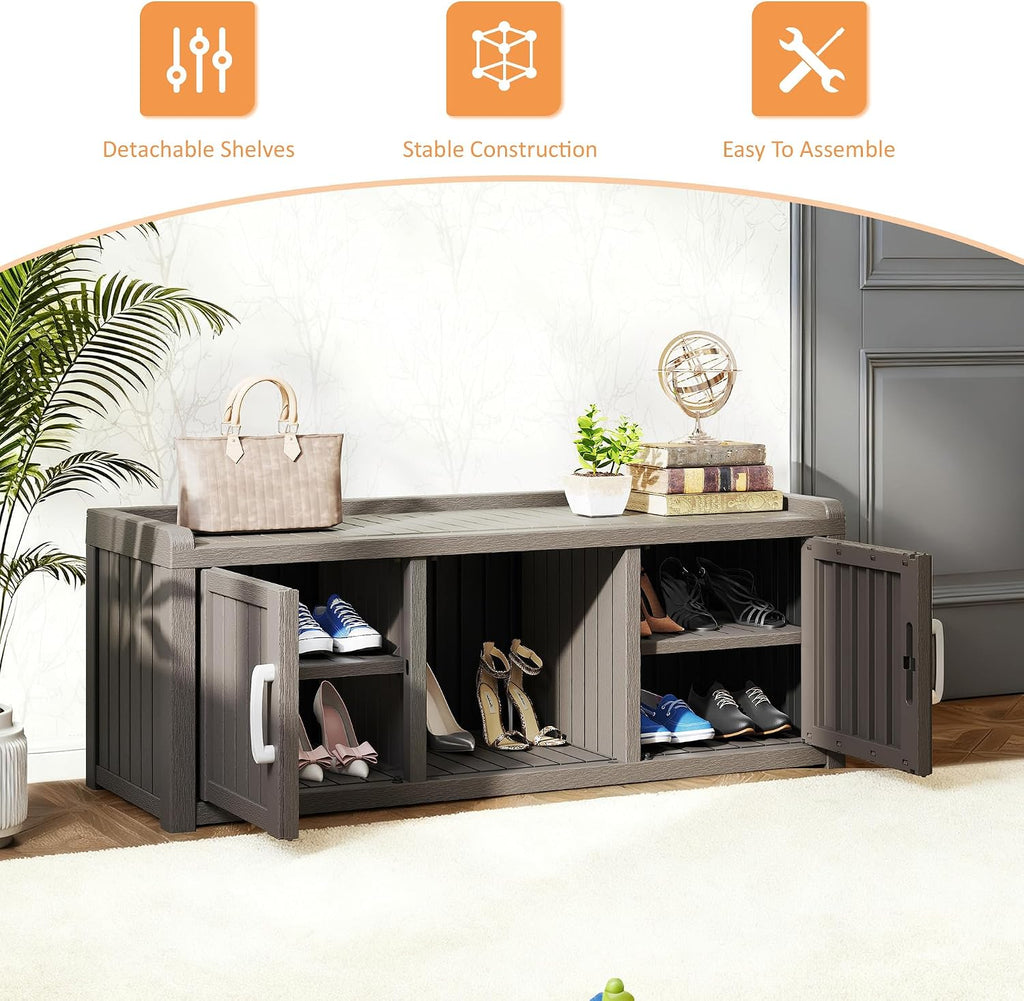 2-Tier Storage Bench, Waterproof UV-Resistant Outdoor Shoe Storage Cabinet with 2 Doors & Adjustable Shelves for