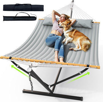 Double Hammock with Stand, Heavy Duty Outdoor Hammock for Two, 500 LBS Capacity, Stable Steel Frame with Balance