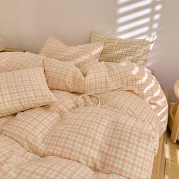 Pink Gingham Duvet Cover Set Twin, Yellow Plaid Grid Pattern Bedding Set Soft Muslin Cotton Gauze Comforter Cover
