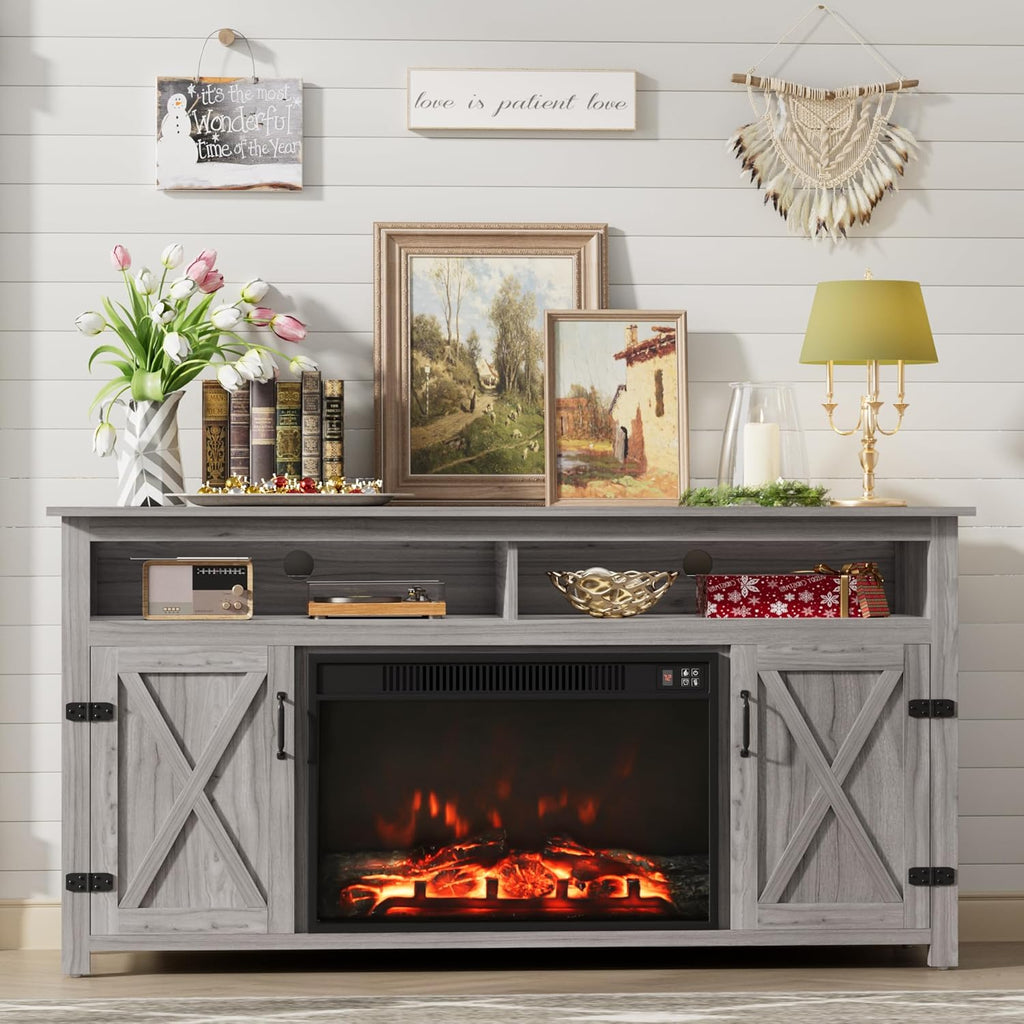 Farmhouse Fireplace TV Stand for TVs Up to 65 Inch Highboy Entertainment Center with Open Storage and Side Cabinets Rustic Media Console Table with Barn Doors for Living Room (Grey Wash) A132-B0CQK5177H