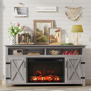 Farmhouse Fireplace TV Stand for TVs Up to 65 Inch Highboy Entertainment Center with Open Storage and Side Cabinets Rustic Media Console Table with Barn Doors for Living Room (Grey Wash)