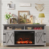 Farmhouse Fireplace TV Stand for TVs Up to 65 Inch Highboy Entertainment Center with Open Storage and Side Cabinets Rustic Media Console Table with Barn Doors for Living Room (Grey Wash) A132-B0CQK5177H