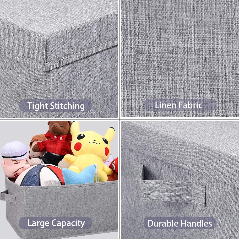 Linen Foldable Storage Bins with Lids, 2 Pack, Storage Boxes with Carrying Handles and Sturdy Heavy Cardboard, 16.5"