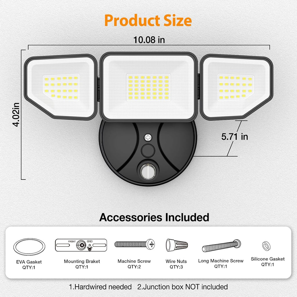 65W Dusk to Dawn Flood Lights Outdoor, 6500LM LED Outdoor Light, IP65 Waterproof, 6500K Daylight, 3 Adjustable Heads
