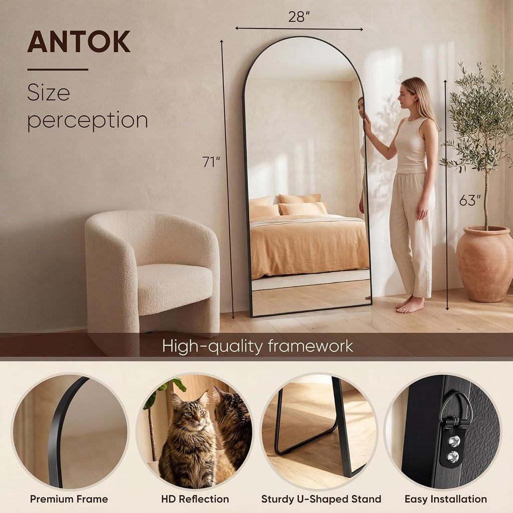 71" x28” Arched Full Length Floor Mirror, Black Aluminum Frame, Free Standing/Wall Mount/Leaning , Dressing Room
