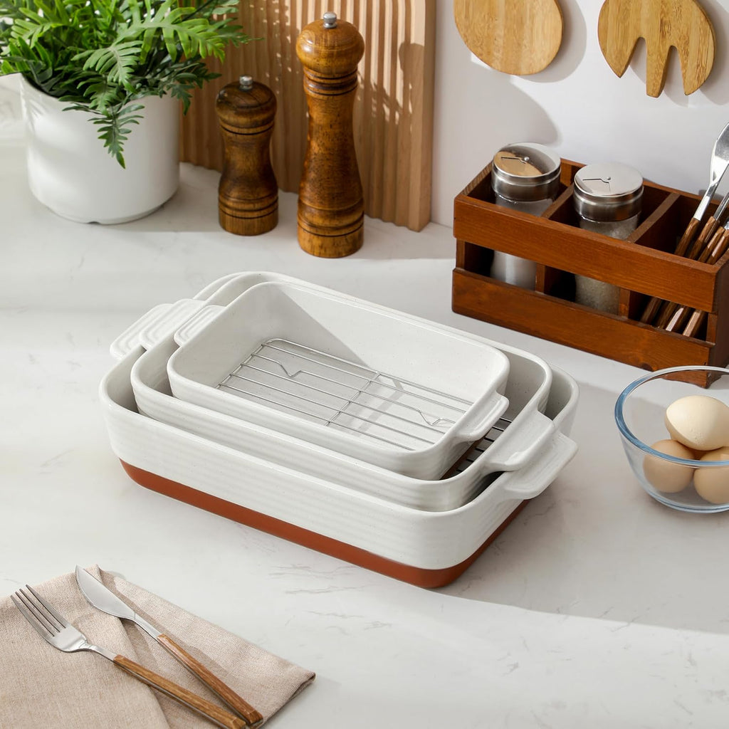 Casserole Dishes for Oven with Roasting Racks, Ceramic Dishes Set of 3, Pan Casserole Dish Set, Rectangular Lasagna