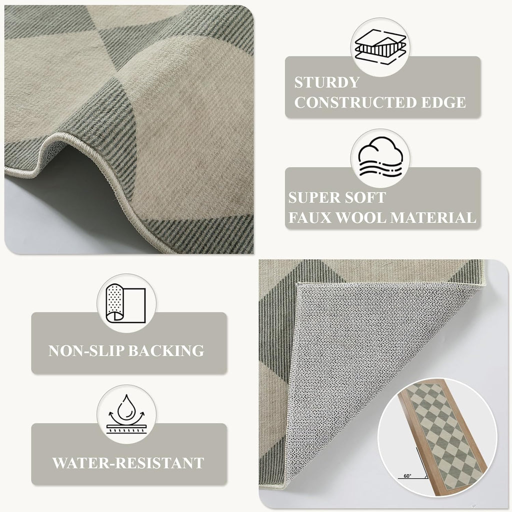 Checkered Print Rug Runners for Hallways 2.5x10, Green Kitchen Runner Rugs Non Skid Washable Ultra T