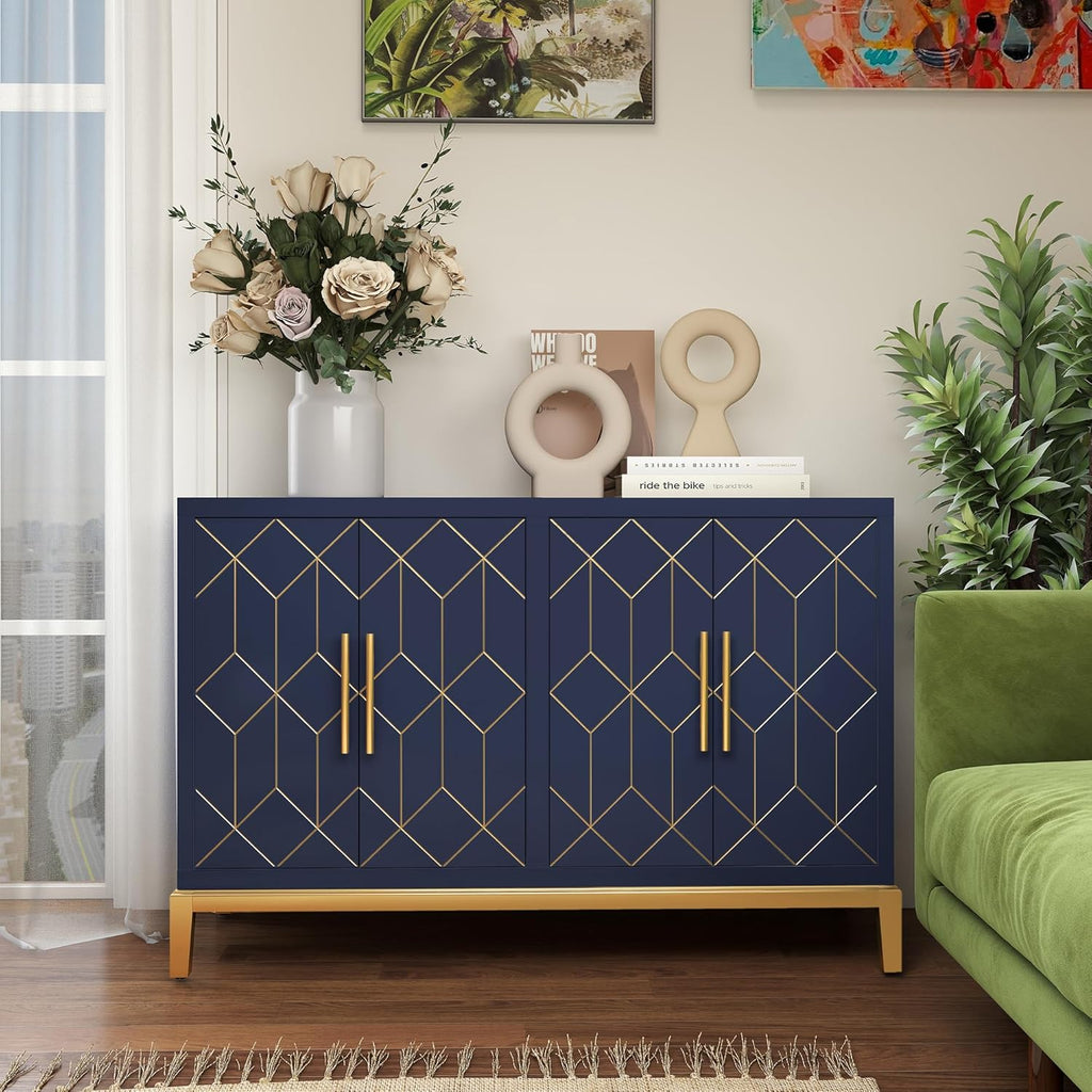47.8" Storage Accent Cabinet with 4 Doors, Modern Sideboard Buffet Cabinet with Gold Lines