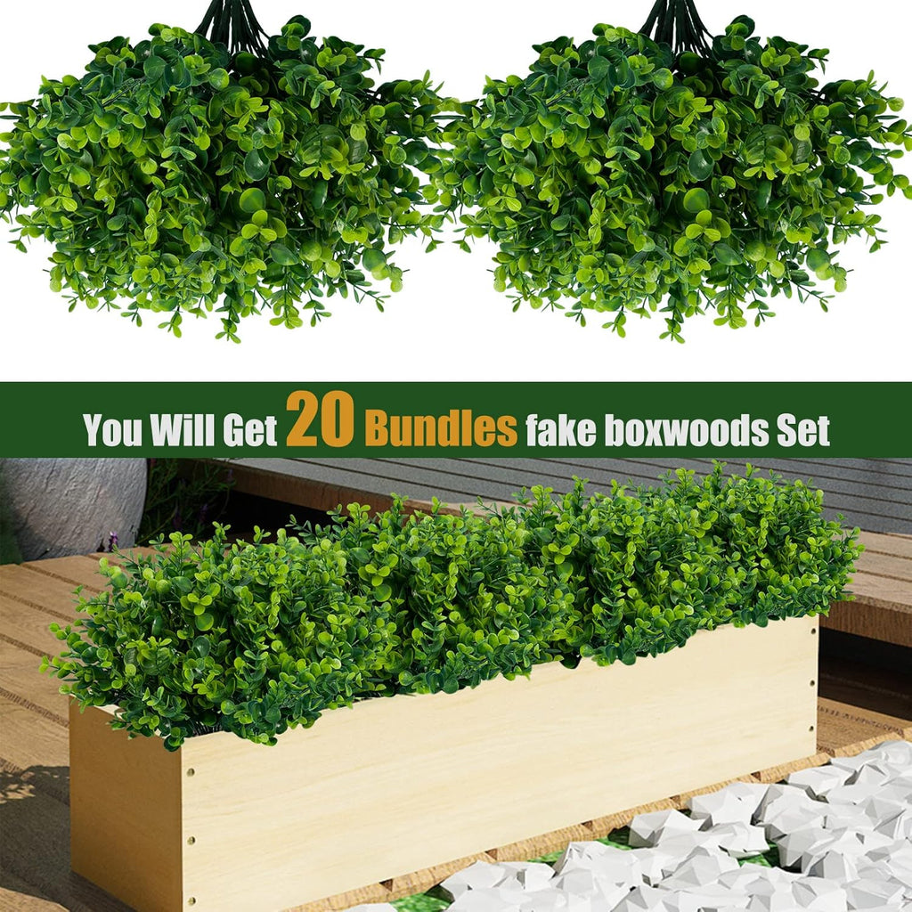 Artificial Greenery Plants Outdoor UV Resistant Fake Plants Boxwood Shrubs Grass,20 Bundles Home Garden Office Patio