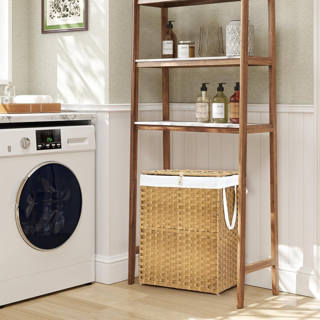 Laundry Hamper with Lid, 90 L Rattan Clothes Laundry Basket with Lid and Handles, Foldable Clothes Hamper, Removable