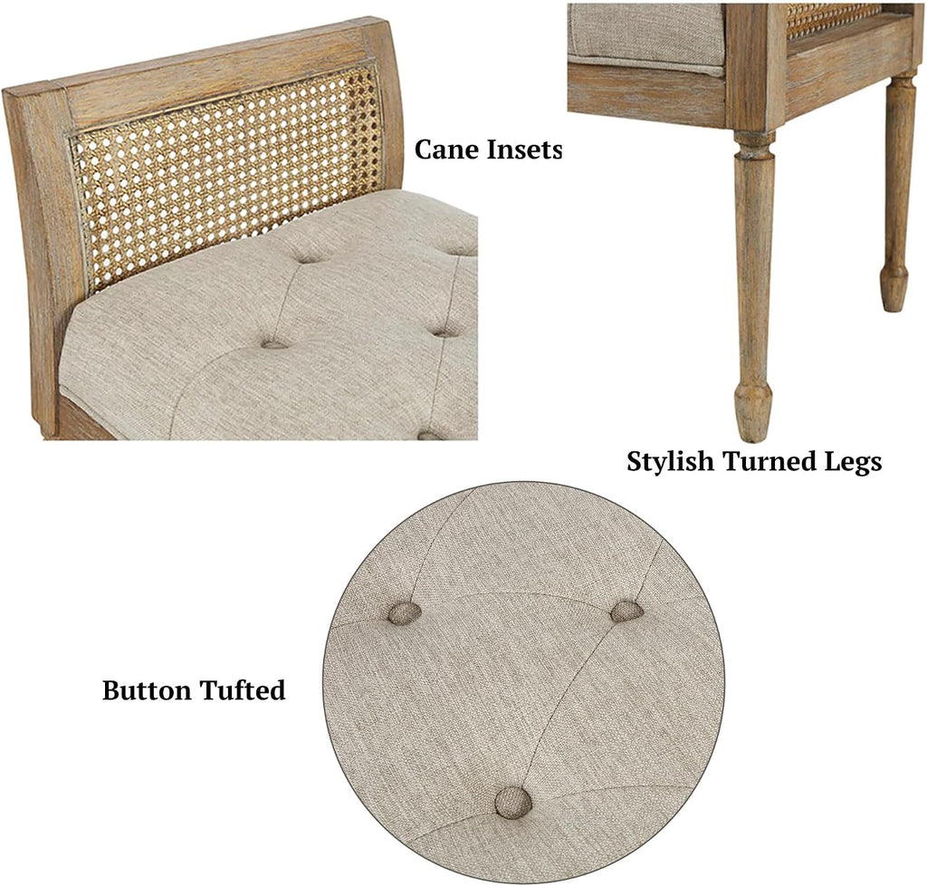 Isla Entryway Accent Bench Bedford Collection, Tufted Seat, Cane Side Frames, Farmhouse Bed End Bench Seating