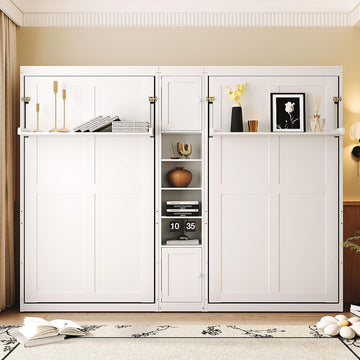 Dual Twin Murphy Bed, Wooden Wall Bed with Cabinets and Shelves, White
