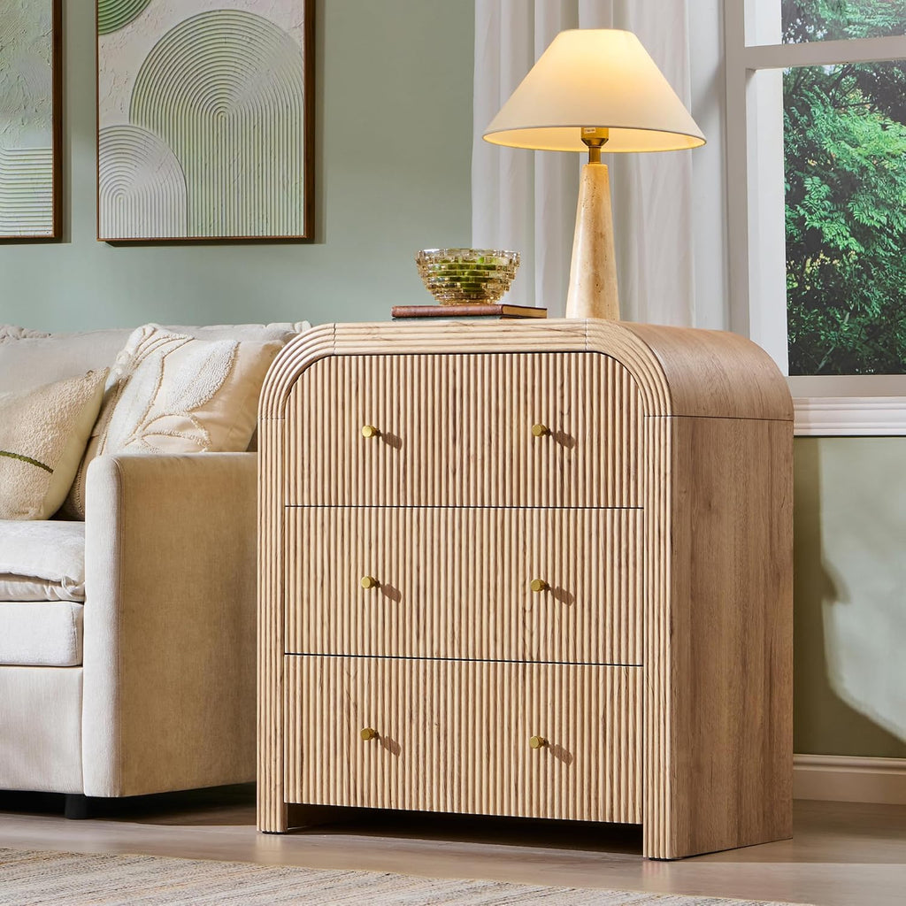 Fluted Nightstand with Charging Station, 32" Large 3 Drawers Bedside Table, Modern End Table with Storage Night Stand