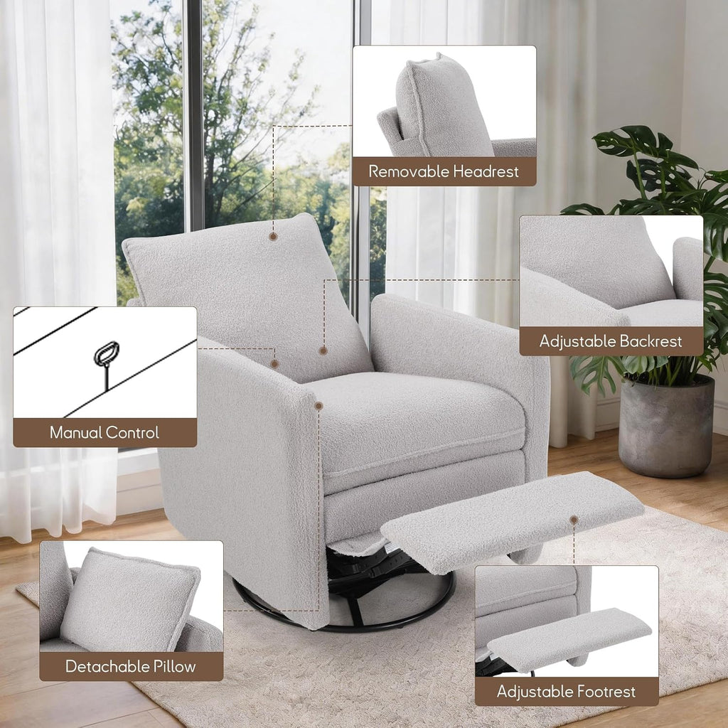 Swivel Rocker Recliner Chair, Teddy Upholstered Nursery Glider Chair, Manual Reclining Chair with Two Removable