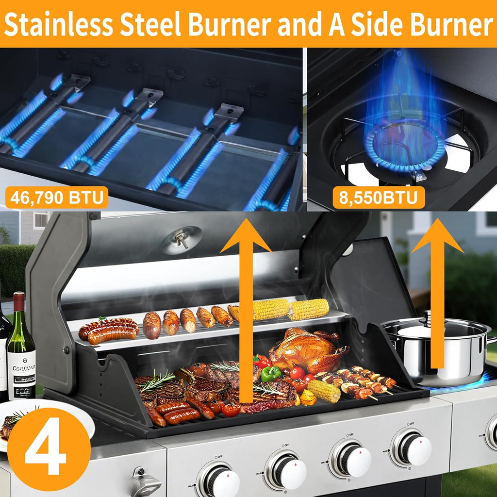 4-Burner Propane Gas Grill with Side Burner, 46,890 BTU Stainless Steel BBQ Grill with Enameled Cast Iron Grates and Side Table for Patio and Backyard