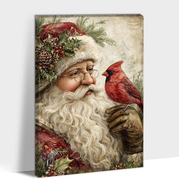 Santa Claus Christmas Canvas Wall Art, Rustic Festive Farmhouse Prints, Vintage Holiday Santa and Cardinal Painting