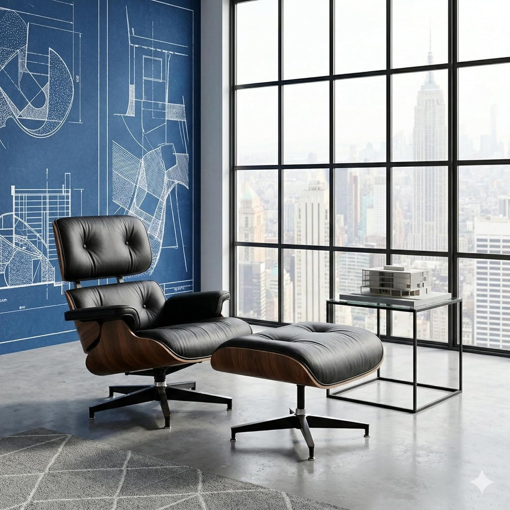 Mid-Century Modern Lounge Chair & Ottoman — Black Bonded Grain Leather, Walnut Base, Wide Tall Back
