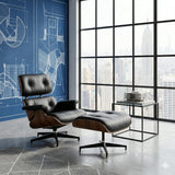 Mid-Century Modern Lounge Chair & Ottoman — Black Bonded Grain Leather, Walnut Base, Wide Tall Back