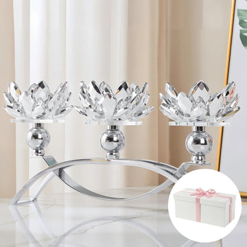 Crystal Candle Holder, 5.6" Tall Silver Centerpieces for Tables, 3-Arm Lotus Candelabra, Home Decor, Coffee Table and