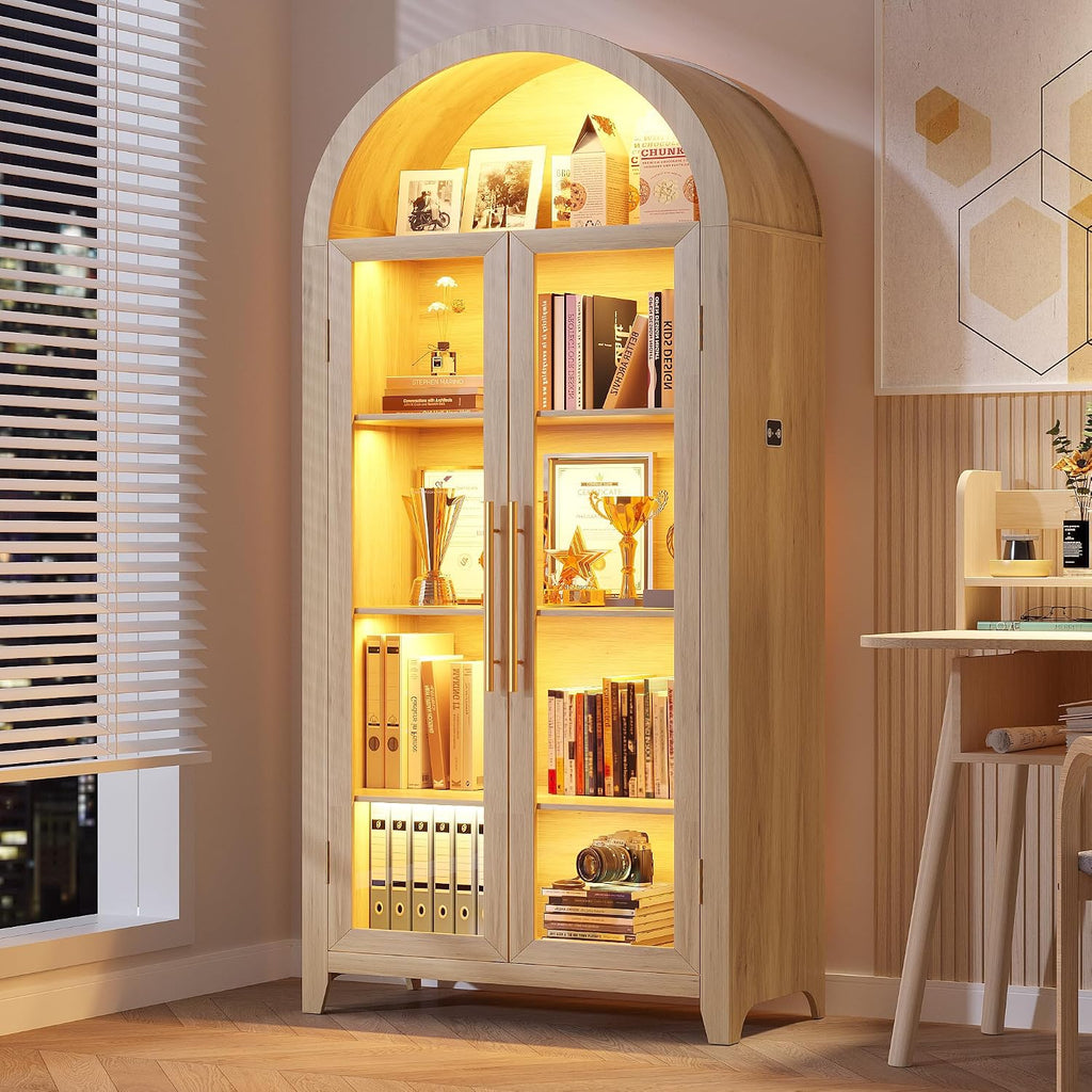 71" Arched Kitchen Pantry Storage Cabinet with Glass Doors
